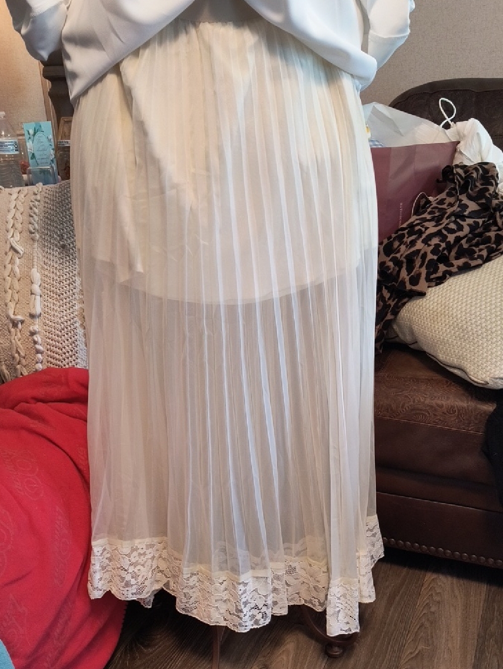 White Pleated Lace-Hem Maxi Skirt
